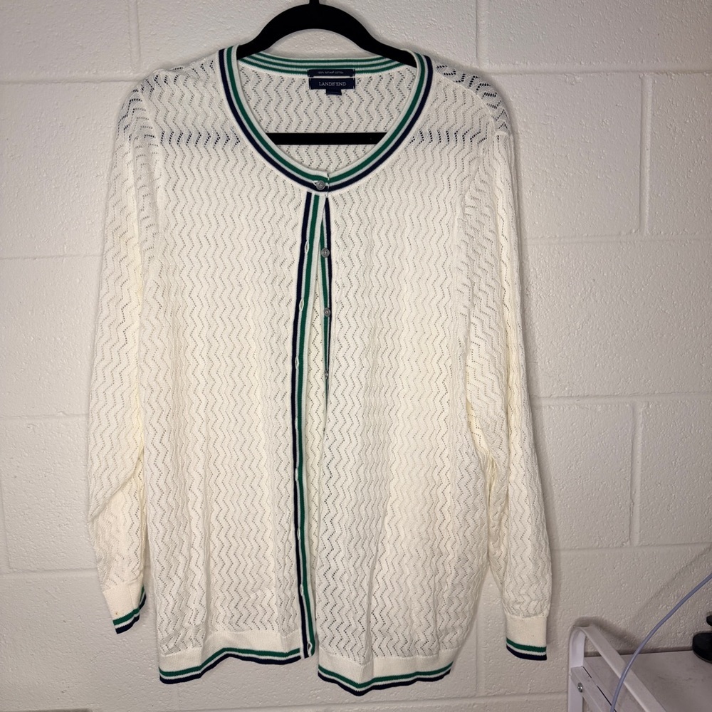 Lands End Pointelle White Cardigan w/ navy blue and green trimming. Women’s 2X